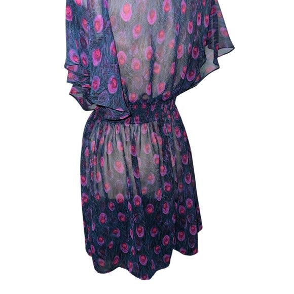 As U Wish Womens Sheer Peacock Feather Print Swim Cover Dress Sz Large V-Neck Fl - Picture 10 of 12